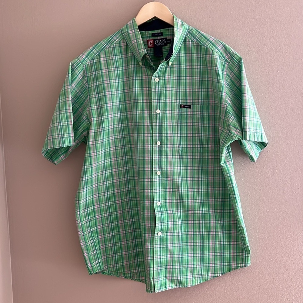 Chaps Easy Care Mens Short Sleeve Button Up Green Size Large‎